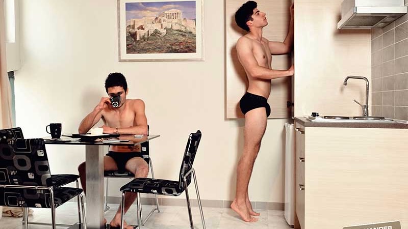 Two gay travelers at the Alexander Apartments gay hotel in Athens