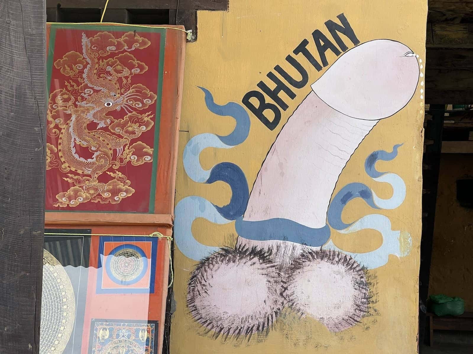 Some of the iconic phallic artwork near the Chimi Lhakhang temple in Bhutan.