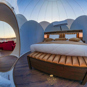 Interior shot of the luxurious Bubble Luxotel in Wadi Rum, Jordan.